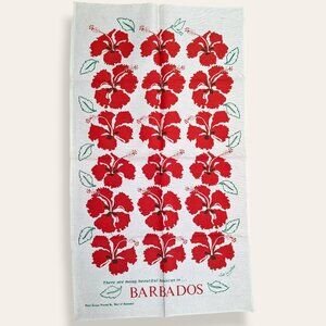 Vintage Barbados Hand Screen Printed Hibiscus Souvenir Tea Towel